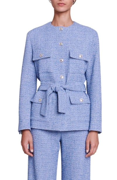 Shop Maje Venablito Tweed Belted Blazer In Blue