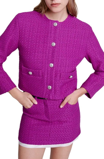 Shop Maje Vienna Tweed Crop Blazer In Fuchsia Pink