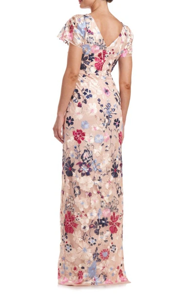 Js Collections Magnolia Floral Embroidery Gown In Rose Gold Multi