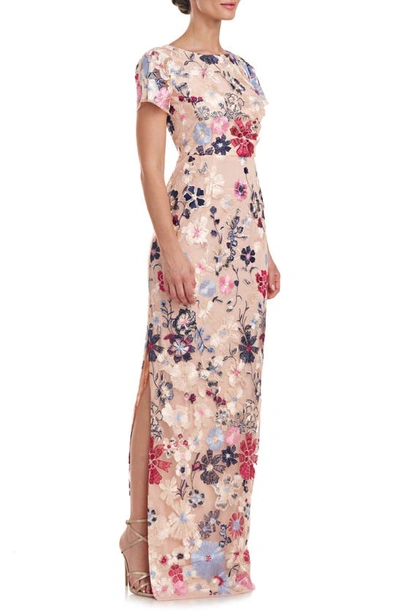 Js Collections Magnolia Floral Embroidery Gown In Rose Gold Multi