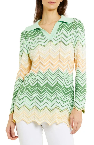 Shop Misook Chevron Pointelle Collar Tunic Sweater In Green/multi