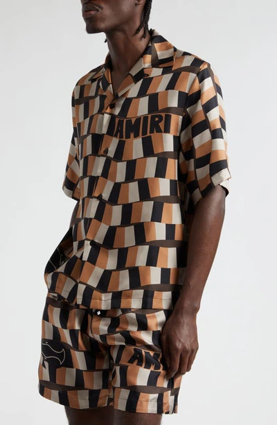 Shop Amiri Snake Checkerboard Silk Camp Shirt In Brown
