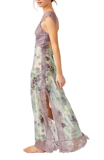 Shop Free People Suddenly Fine Floral Print Cutout Lace Trim Nightgown In Moss Combo