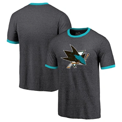 Shop Majestic Threads Heathered Black San Jose Sharks Ringer Contrast Tri-blend T-shirt In Heather Black
