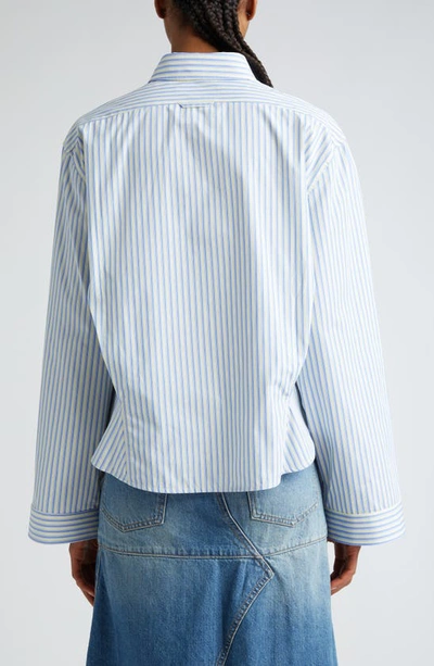 Shop Victoria Beckham Stripe Crop High-low Organic Cotton Button-up Shirt In Chamomile/ Oxford Blue