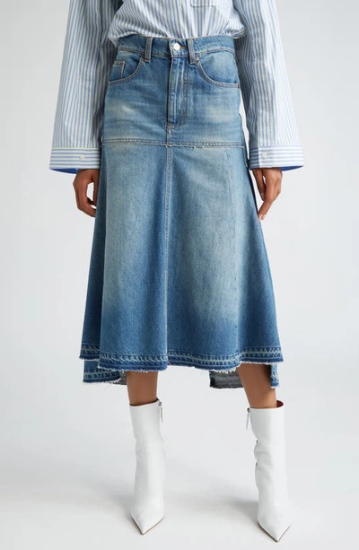 Shop Victoria Beckham Deconstructed Cotton Denim Skirt In Vintage Wash Mid