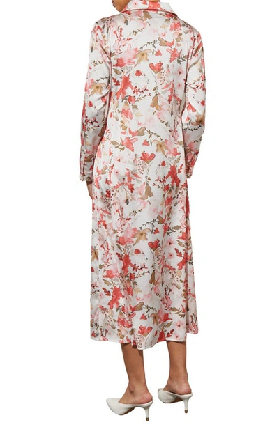 Shop Ming Wang Watercolor Floral Long Sleeve Crêpe De Chine Shirtdress In Sunkissed Coral/ Multi