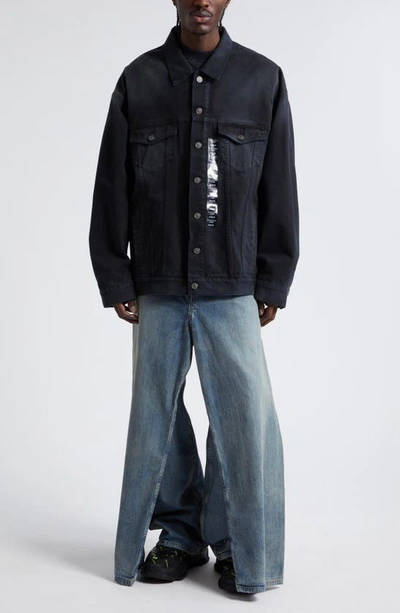 Shop Balenciaga Sticker Oversize Denim Jacket In Soft Black Left Hand Denim