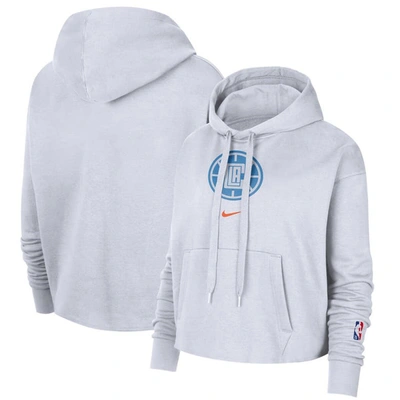 Shop Nike White La Clippers 2021/22 City Edition Essential Logo Cropped Pullover Hoodie