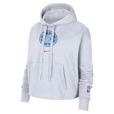 Shop Nike White La Clippers 2021/22 City Edition Essential Logo Cropped Pullover Hoodie