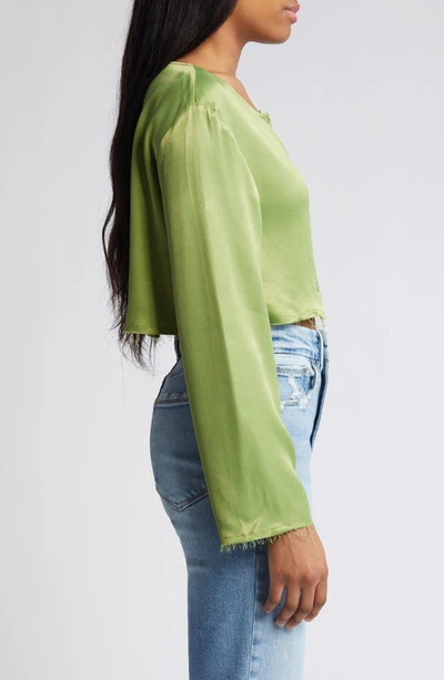 Shop Topshop Raw Edge Satin Crop Button-up Top In Mid Green