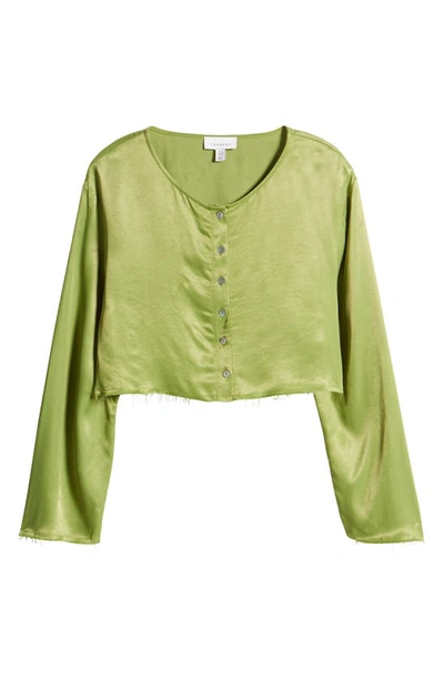 Shop Topshop Raw Edge Satin Crop Button-up Top In Mid Green