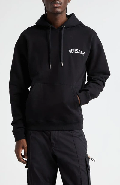 Shop Versace Milano Stamp Embroidered Cotton Jersey Hoodie In Black