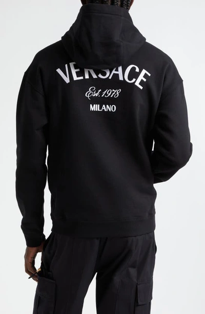 Shop Versace Milano Stamp Embroidered Cotton Jersey Hoodie In Black