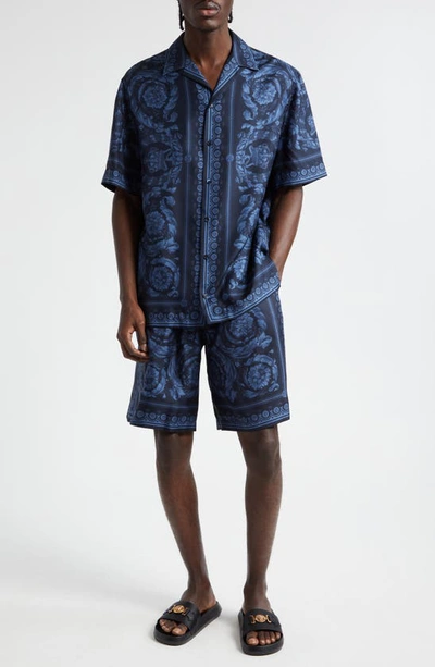 Shop Versace Barocco Print Silk Twill Shorts In Navy Blue