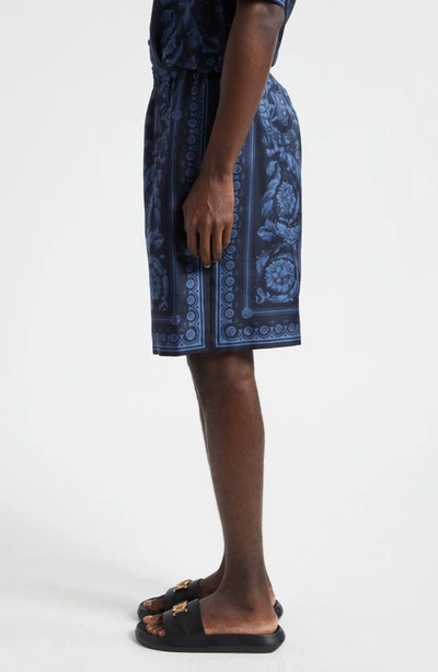 Shop Versace Barocco Print Silk Twill Shorts In Navy Blue