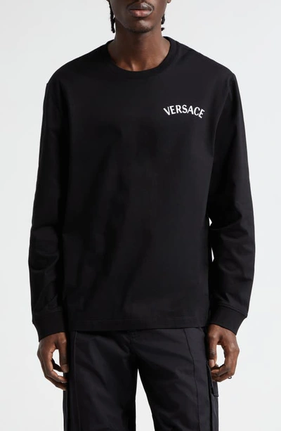 Shop Versace Milano Stamp Embroidered Cotton T-shirt In Black