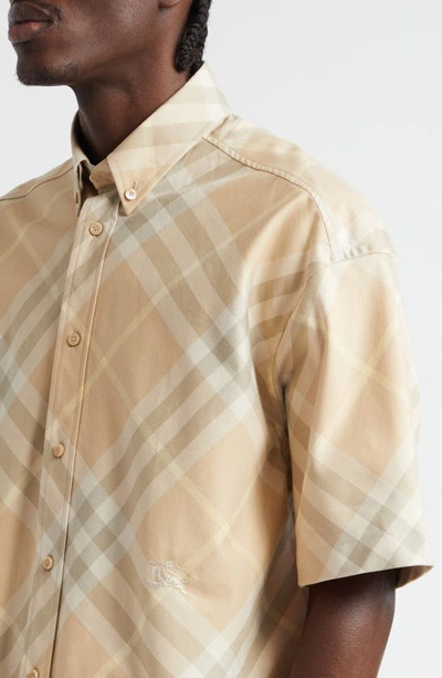 Shop Burberry Equestrian Knight Detail Check Oversize Cotton Button-down Shirt In Flax Ip Check