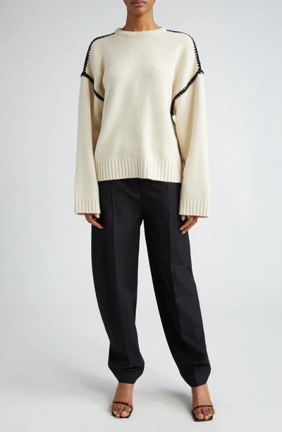 Shop Totême Shell Stitch Trim Wool, Cashmere & Cotton Sweater In Snow