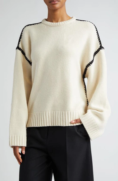 Shop Totême Toteme Shell Stitch Trim Wool, Cashmere & Cotton Sweater In Snow