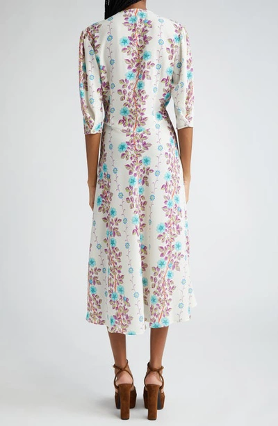 Shop Etro Floral Print Puff Sleeve Midi Dress In Print On White Base