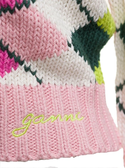 Shop Ganni Multicolor Cardigan With Jacquard Graphic And Branded Rhinestone Buttons In Cotton Woman