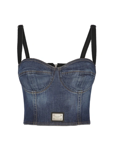 Shop Dolce & Gabbana Denim Bustier Top With Logo Plate In Multicolour