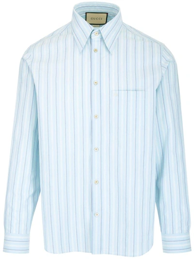 Shop Gucci Striped Collared Long-sleeve Shirt In Azzurro