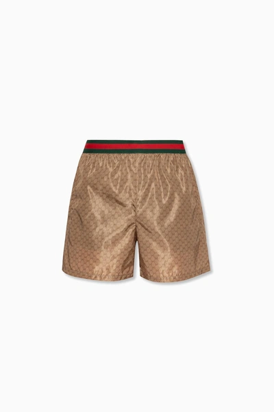 Shop Gucci Swim Shorts With Monogram In Beige