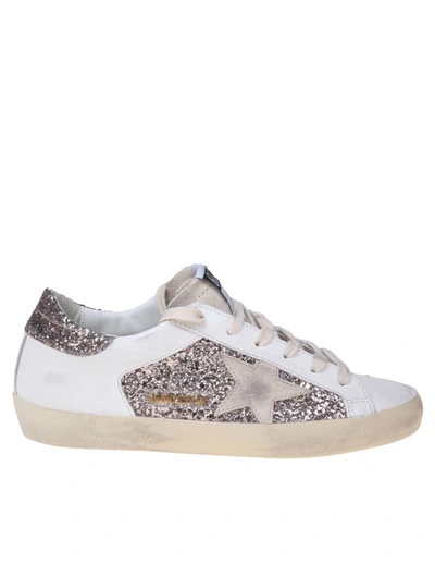 Shop Golden Goose Super-star Leather Sneakers With Glitter In Bianco