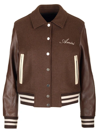 Shop Amiri Bones Varsity Jacket In Brown