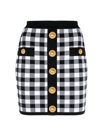 Shop Balmain Buttoned Vichy Knit Short Skirt In Eab Noir Blanc
