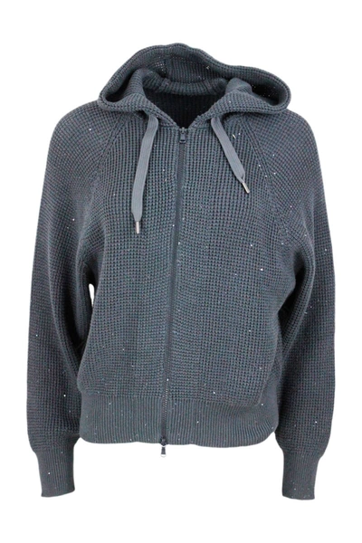 Shop Brunello Cucinelli Long-sleeved Cardigan Sweater With Hood In Cotton With Half English Rib Knit Embe In Grey