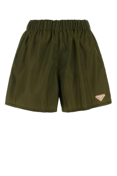Shop Prada Logo Plaque Elasticated Waistband Shorts In Loden