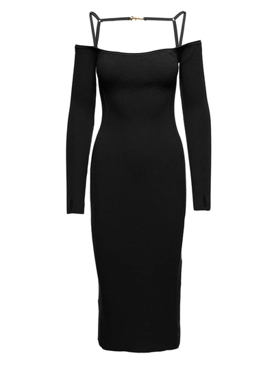 Shop Jacquemus Le Robe Sierra Long Black Ribbed Off-the-shoulder Dress In Viscose Blend Woman In Nero