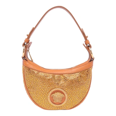 Shop Versace Mini Crystal Repeat Hobo Bag In Orange