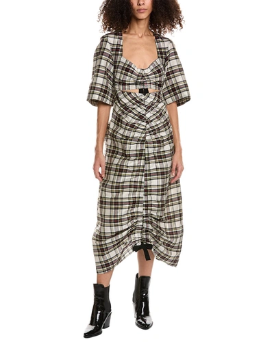 Shop Ganni Cutout Linen & Silk-blend Maxi Dress In Beige