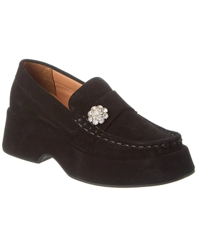 Shop Ganni Retro Jewel Suede Flatform Loafer In Black