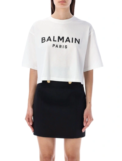 Shop Balmain Cropped Logo T-shirt In Bianco