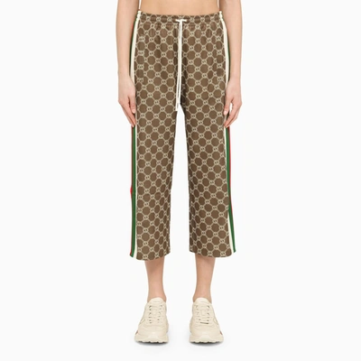 Shop Gucci Olive Green Trousers With Side Bands In Beige
