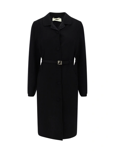Shop Fendi Wool Coat With Belt In Black