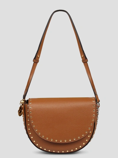 Shop Stella Mccartney Frayme Studded Medium Flap Shoulder Bag In Brown