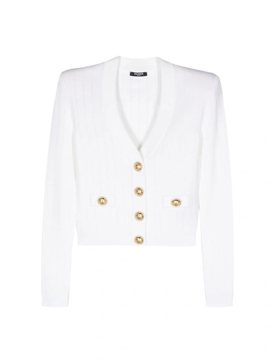 Shop Balmain Buttoned Knit Crop Cardigan In Fa Blanc