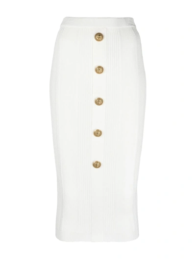 Shop Balmain Hw 5 Btn See Through Knit Midi Skirt In Fa Blanc