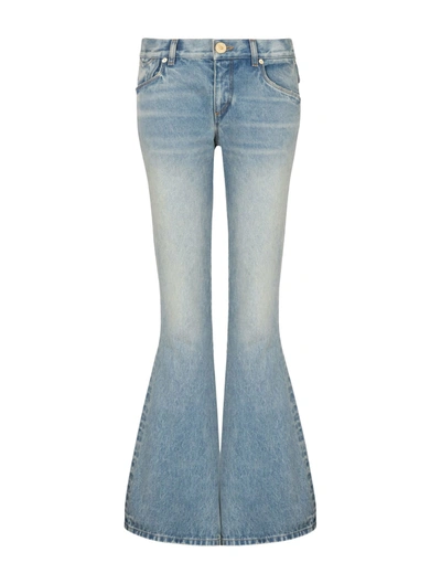 Shop Balmain Lw Western Crop Bootcut Blue Denim Pants In Ff Bleu Jean