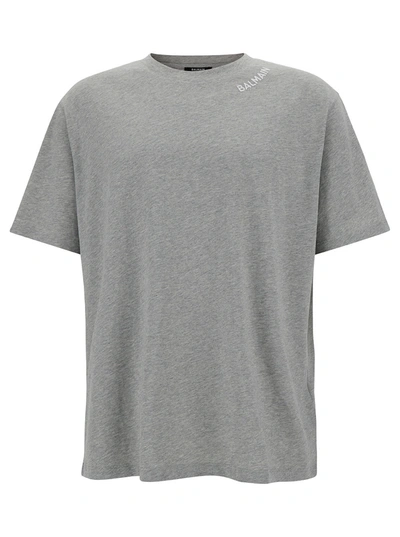 Shop Balmain Grey Crewneck Sweatshirt With Contrasting Logo Lettering In Cotton Man