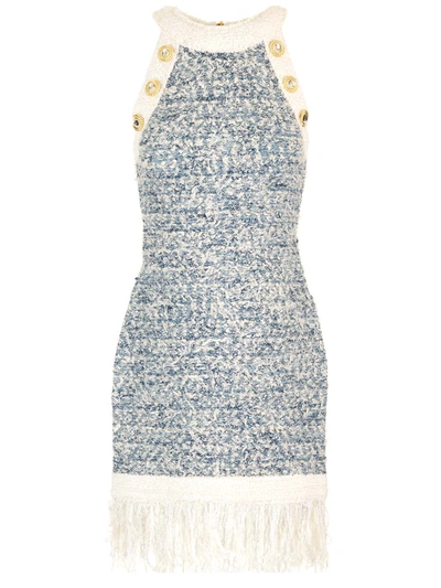 Shop Balmain Tweed Sheath Dress In Light Blue