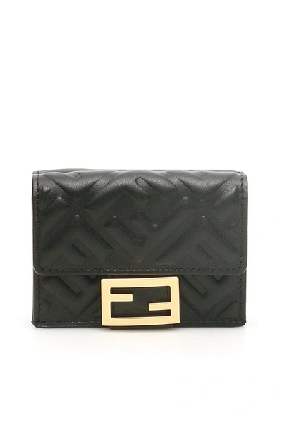 Shop Fendi Micro Logo Embossed Trifold Wallet In Nero