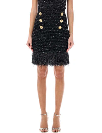 Shop Balmain Fringed Lurex Tweed Skirt In Nero Oro