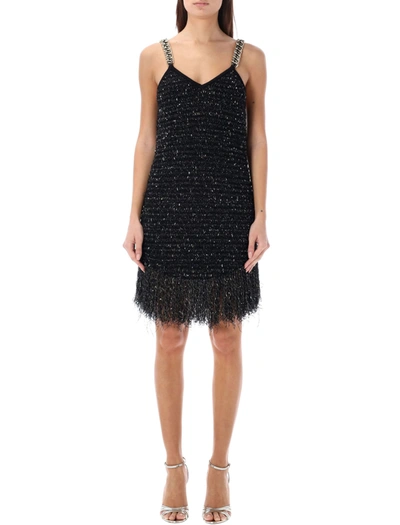 Shop Balmain Fringed Lurex Tweed Dress In Nero Oro